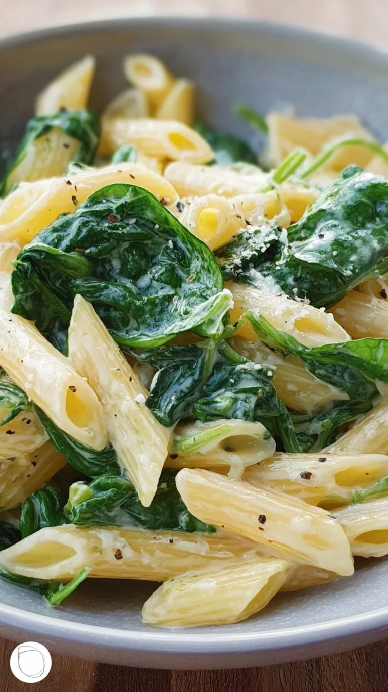 Bowl of pasta with creamy spinach sauce garnished with herbs
