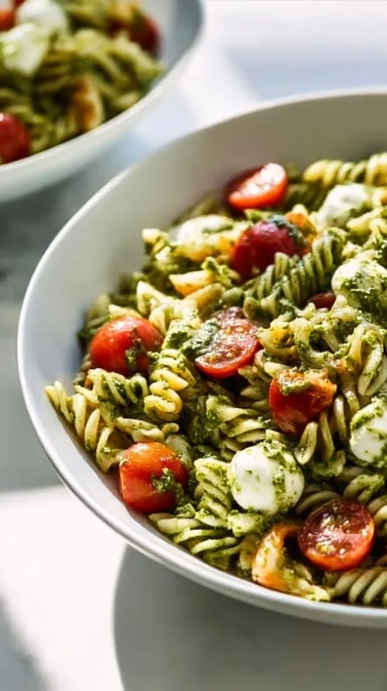 Delicious pesto pasta salad with fresh vegetables and herbs