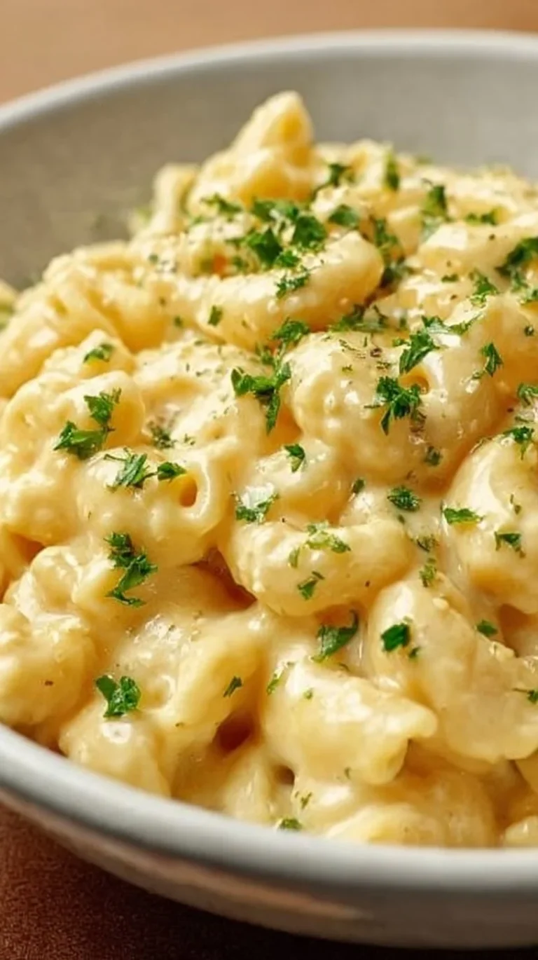 Bowl of Protein Mac and Cheese with green herbs on top