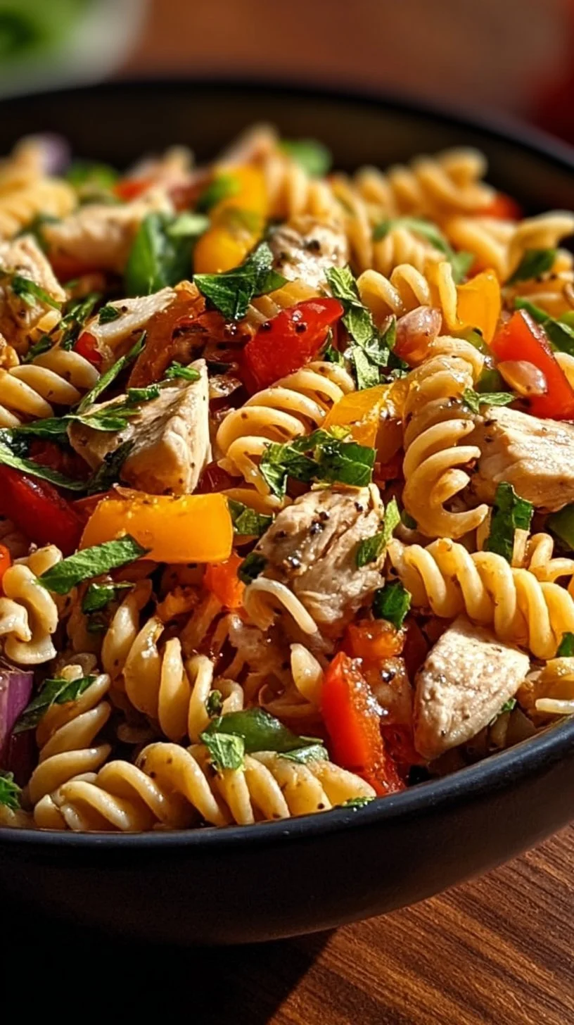 Protein-packed chicken pasta salad with colorful veggies and dressing