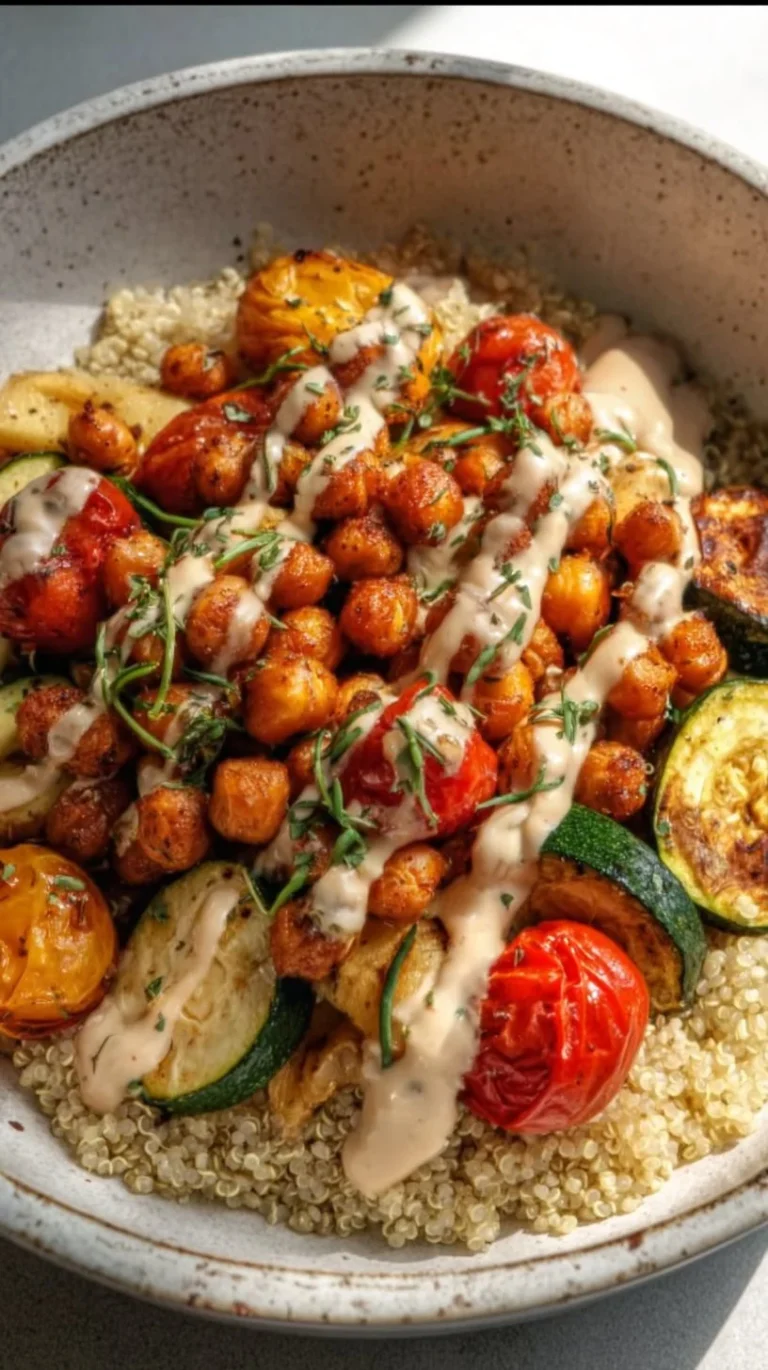 Roasted chickpea and veggie bowl served in a colorful dish