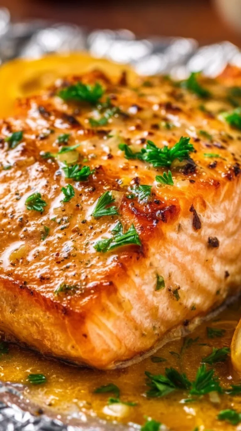 Delicious sheet pan lemon garlic butter salmon with fresh herbs and lemon slices