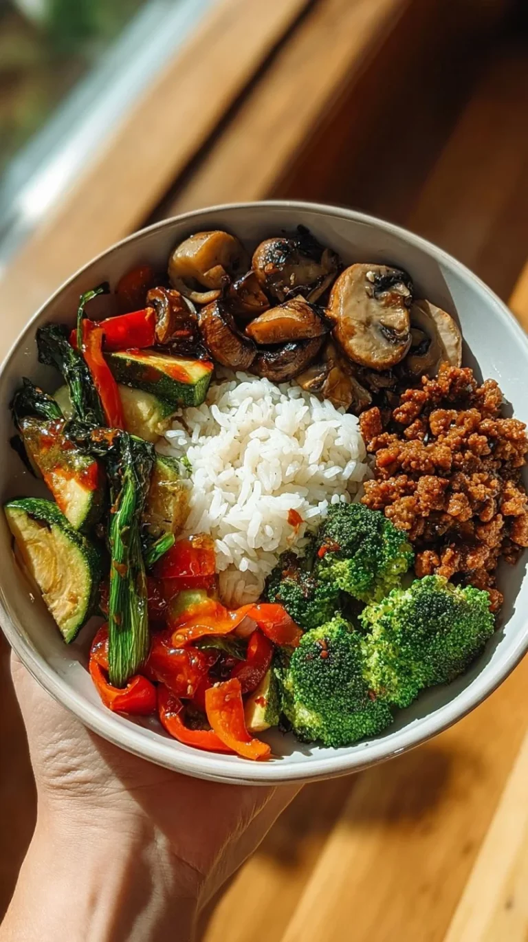 Spicy ground beef stir-fry bowl with garlic veggies and rice