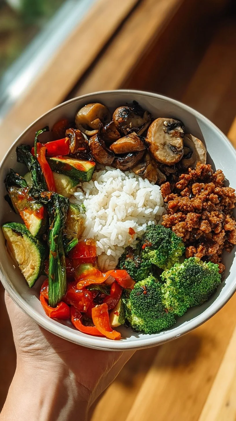 Spicy ground beef stir-fry bowl with garlic veggies and rice