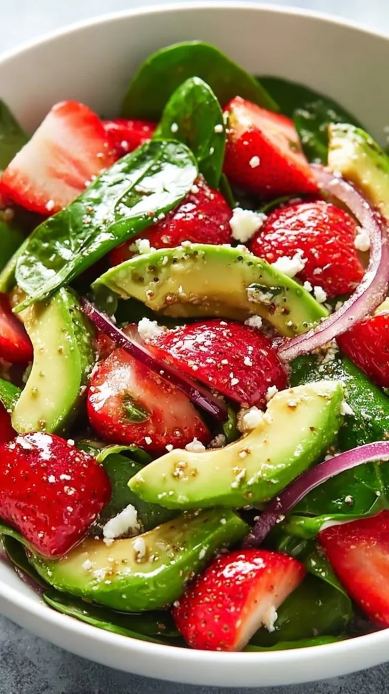 Strawberry avocado salad with spinach, showcasing vibrant colors and fresh ingredients.