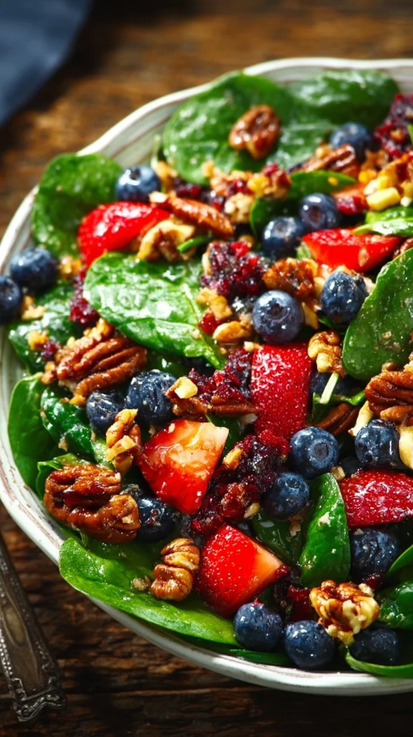 Fresh strawberry spinach salad with nuts and dressing on a plate