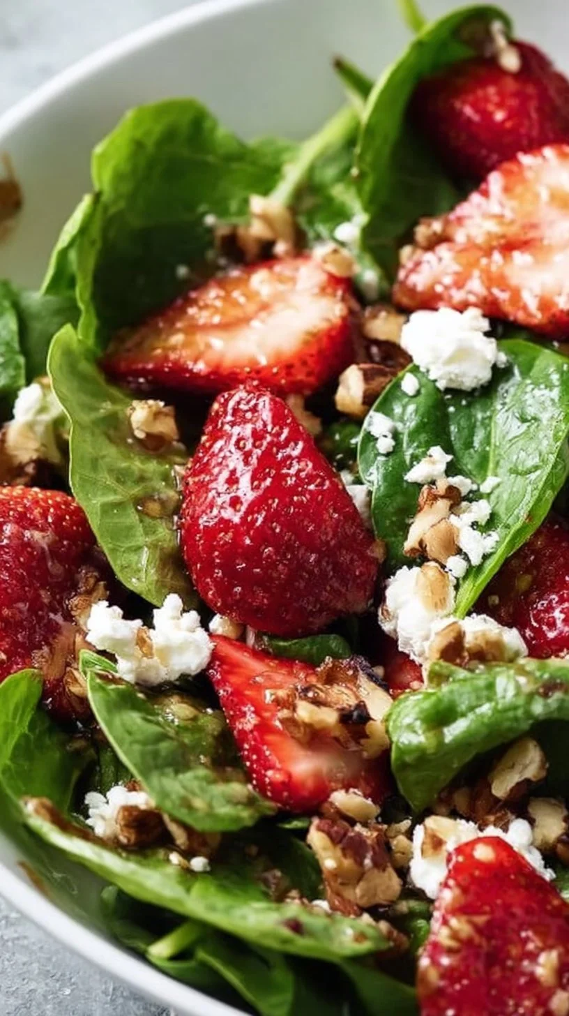 Strawberry Spinach Salad with homemade balsamic vinaigrette in a vibrant bowl.