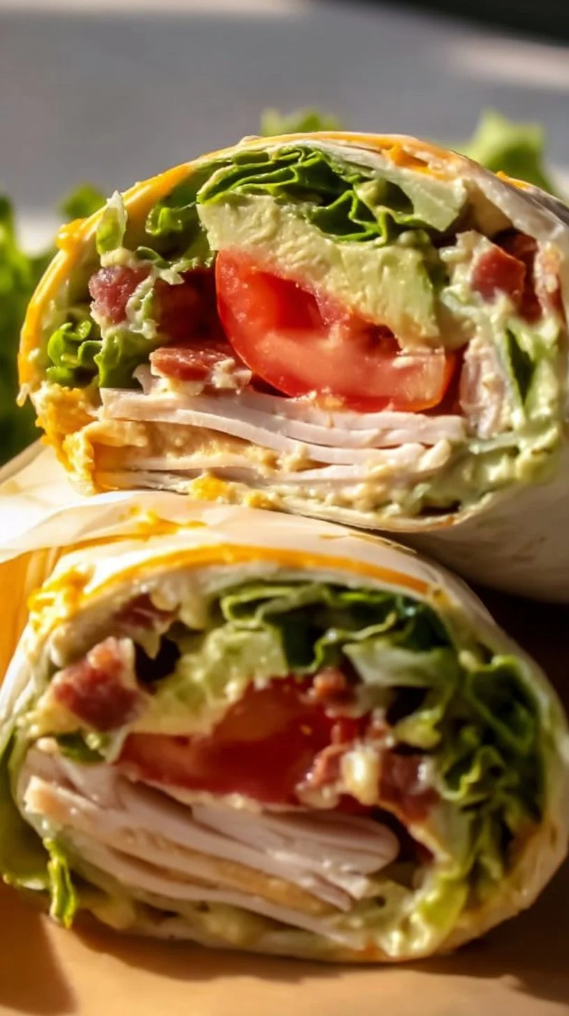 Delicious Turkey Avocado Hummus Wrap on a plate