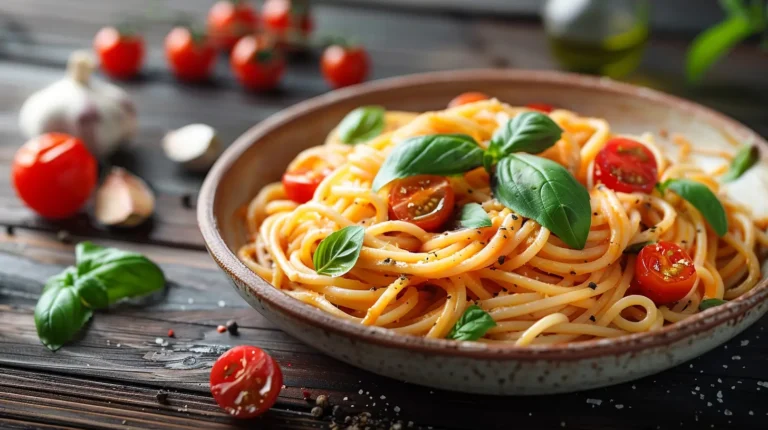 Close-up of creamy roasted tomato pasta in a bowl with fresh basil and roasted garlic on a rustic table.