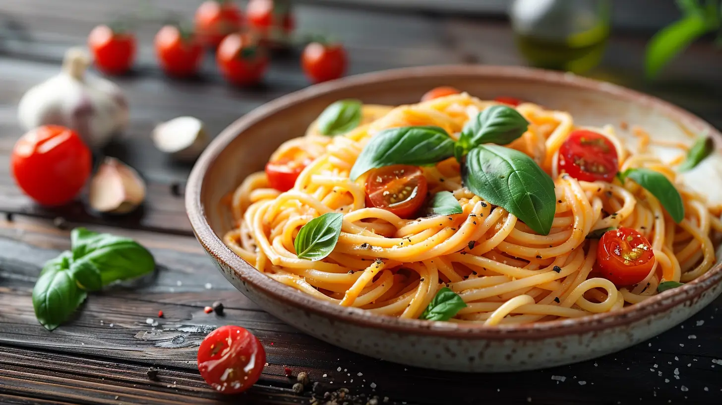 Close-up of creamy roasted tomato pasta in a bowl with fresh basil and roasted garlic on a rustic table.