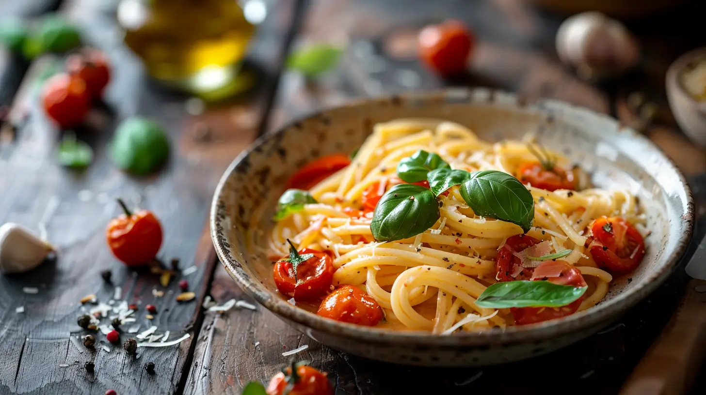 creamy roasted tomato pasta in a bowl with fresh basil and roasted garlic on a rustic table.