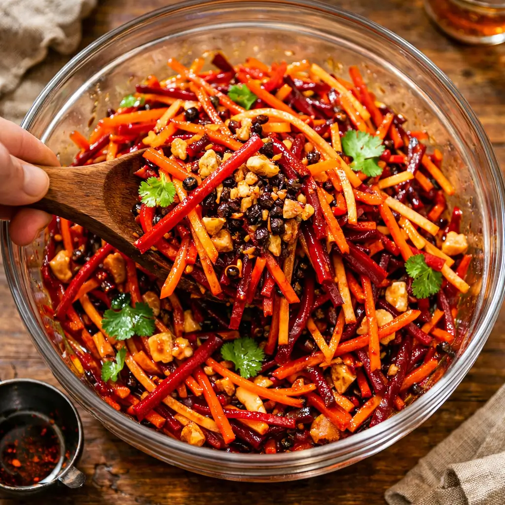A freshly tossed, vibrant beet, carrot, and apple salad with a glossy Szechuan oil dressing in a glass bowl.