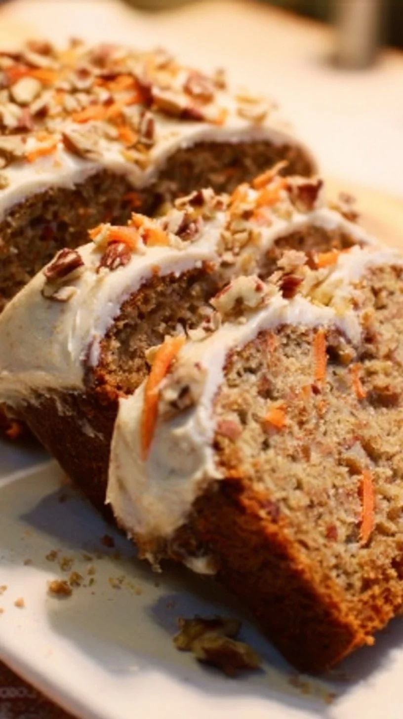 Slices of Carrot Cake Banana Bread topped with cream cheese frosting