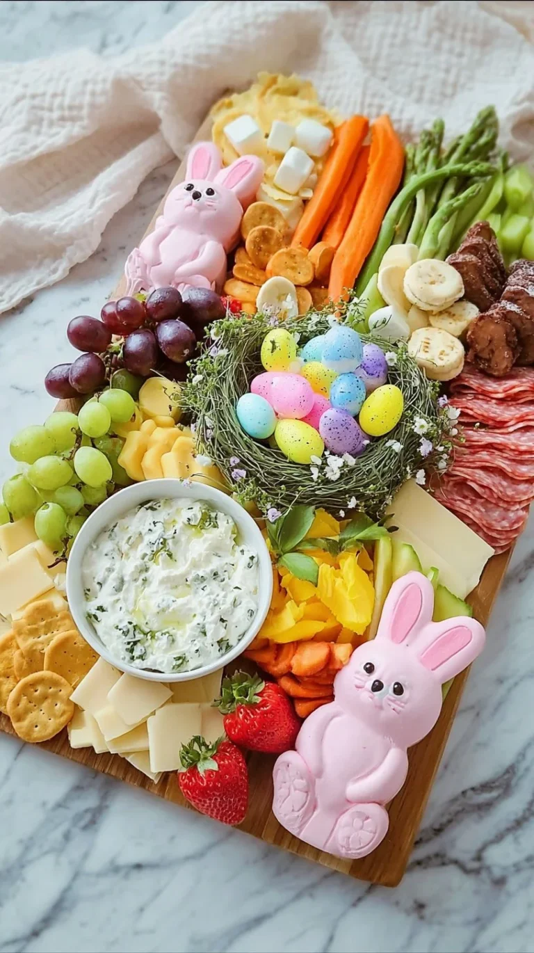 Easter Charcuterie board featuring vibrant seasonal foods and festive decorations.