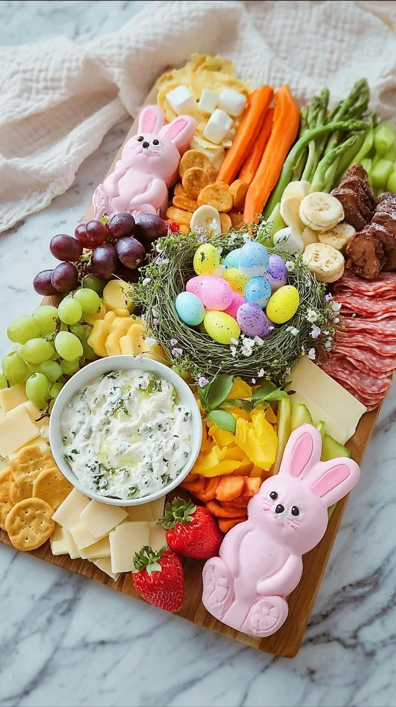 Easter Charcuterie board featuring vibrant seasonal foods and festive decorations.