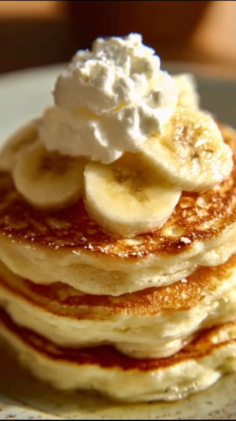 Fluffy banana cottage cheese pancakes stacked on a plate with syrup