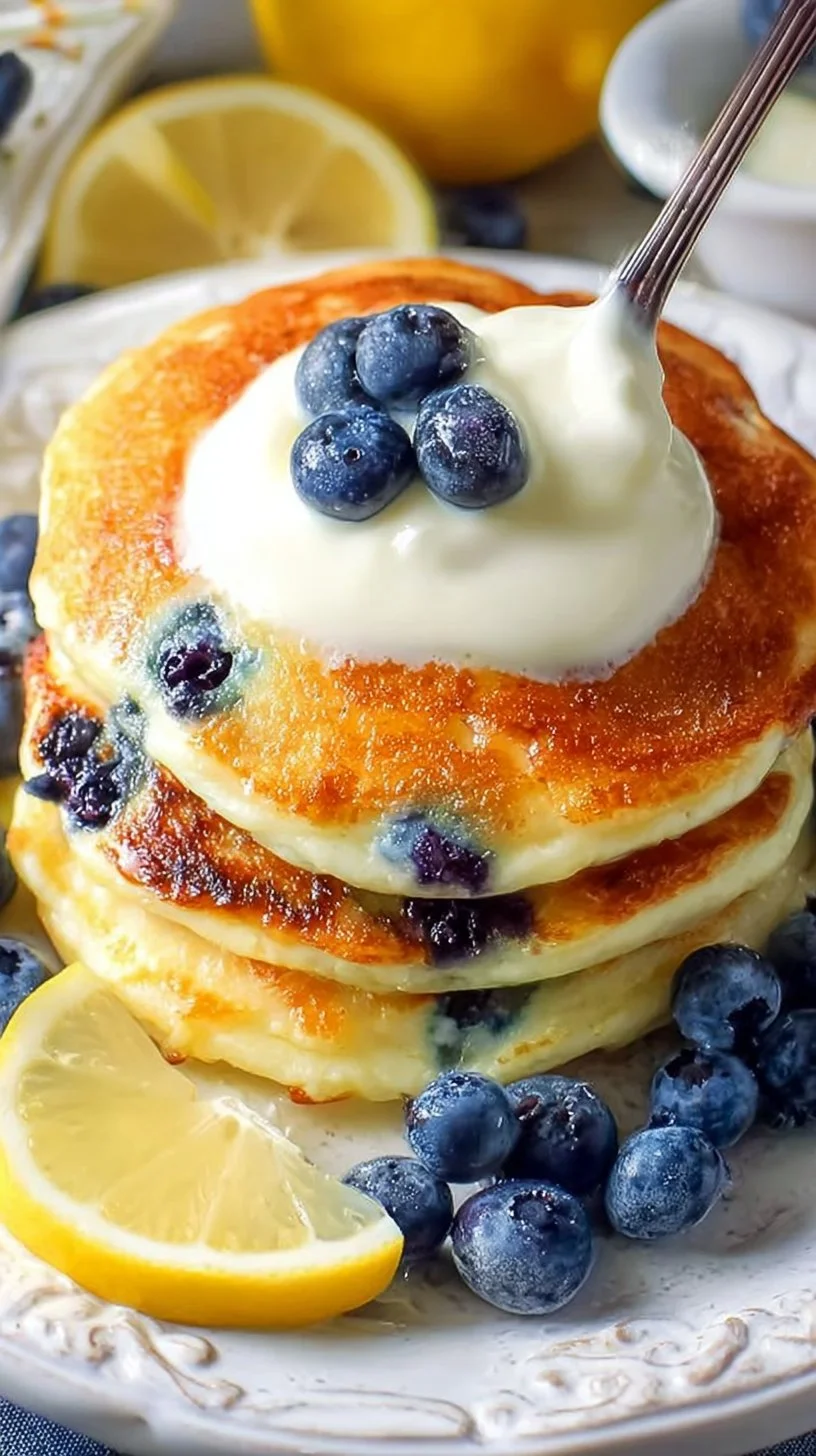Delicious lemon blueberry pancakes topped with fresh blueberries and lemon zest