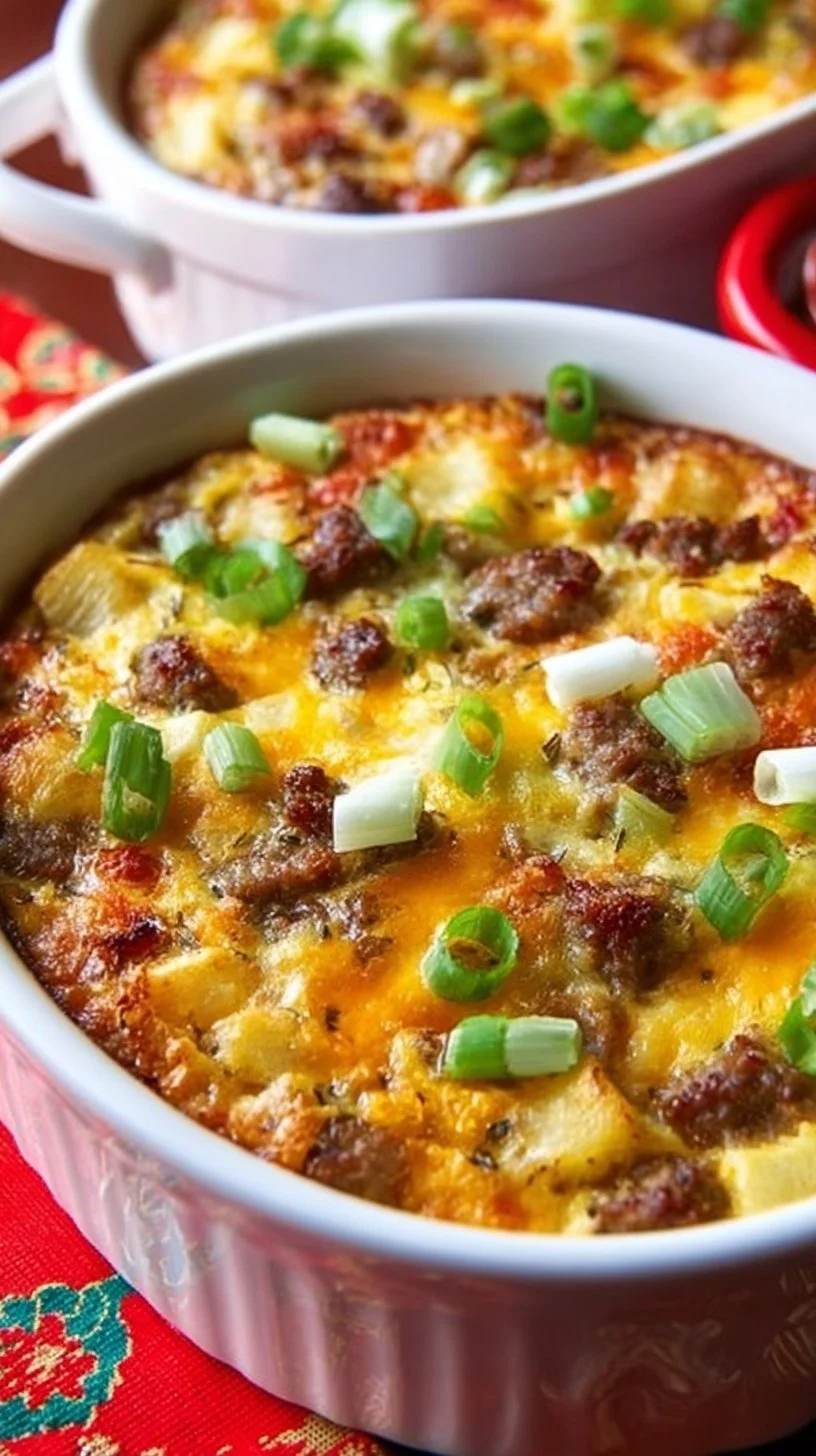 Sausage, Egg, and Potato Breakfast Casserole served in a baking dish
