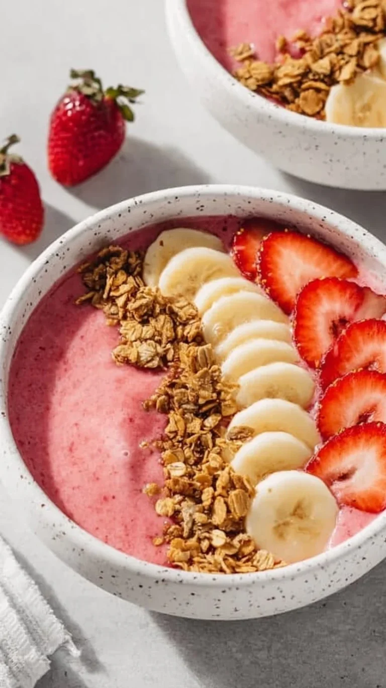 Delicious strawberry banana smoothie bowl topped with fresh fruits and nuts