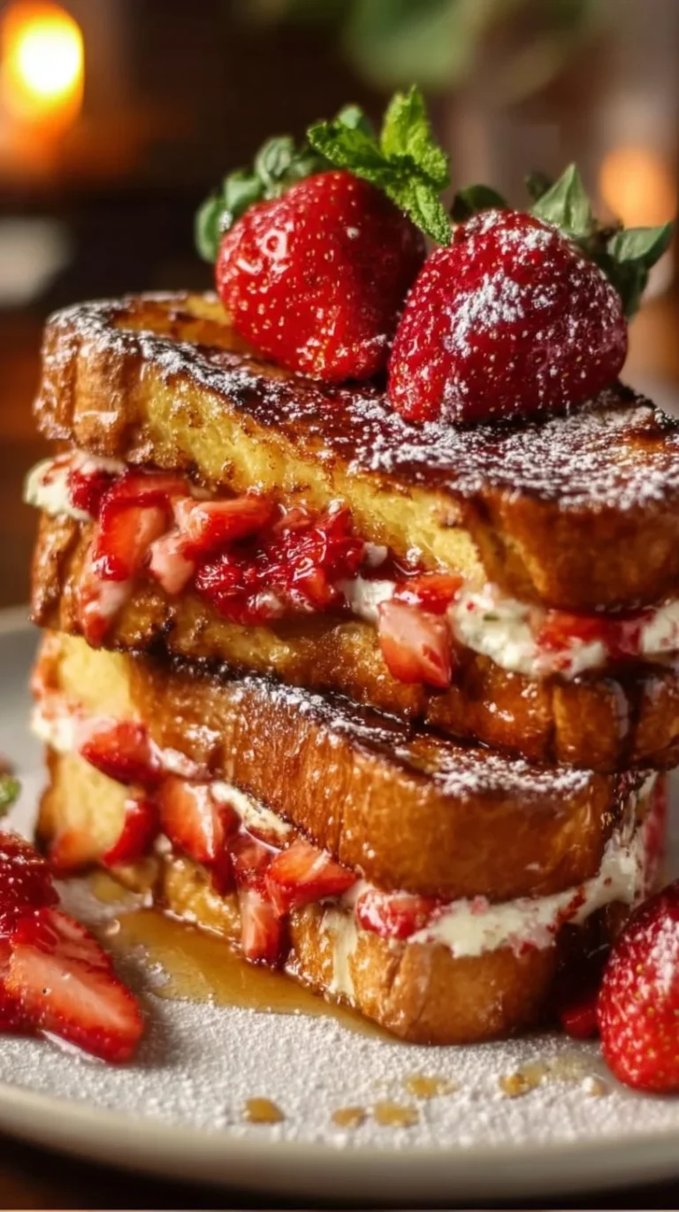 Delicious strawberry cheesecake stuffed French toast on a plate