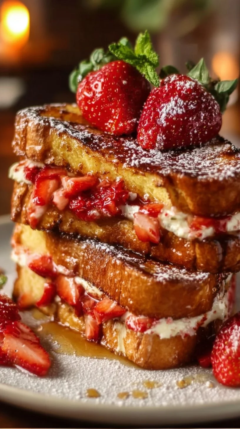 Delicious strawberry cheesecake stuffed French toast on a plate