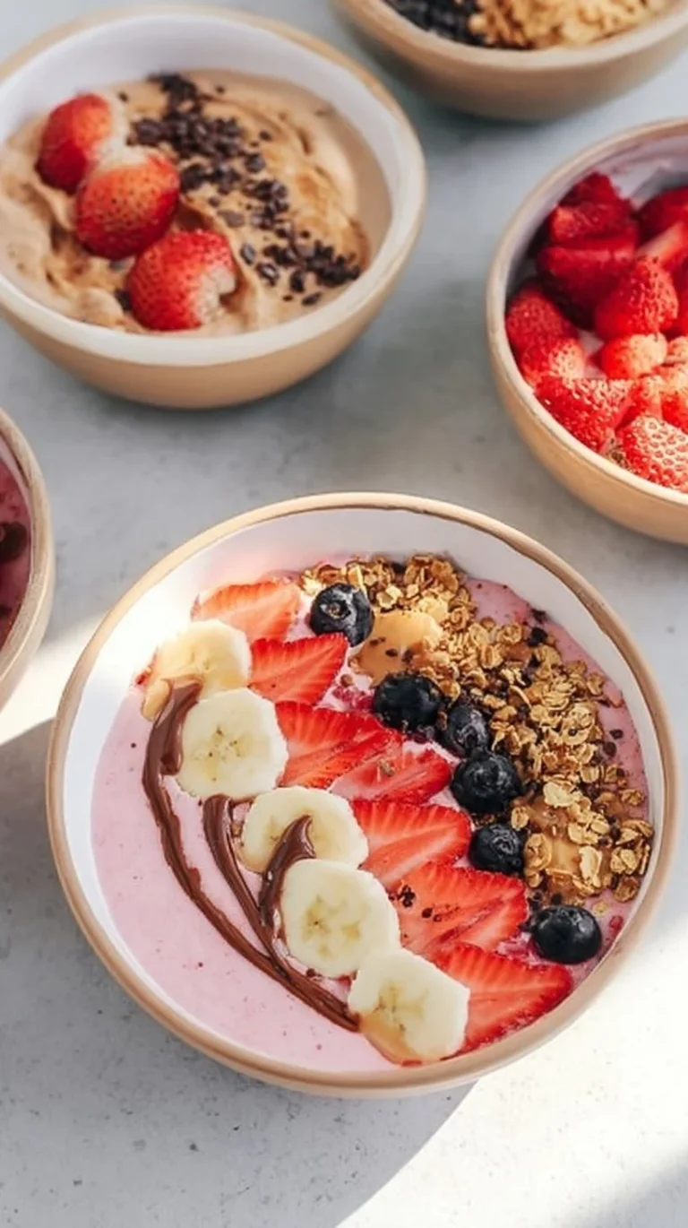 Thick and creamy smoothie bowl topped with fresh fruits and seeds